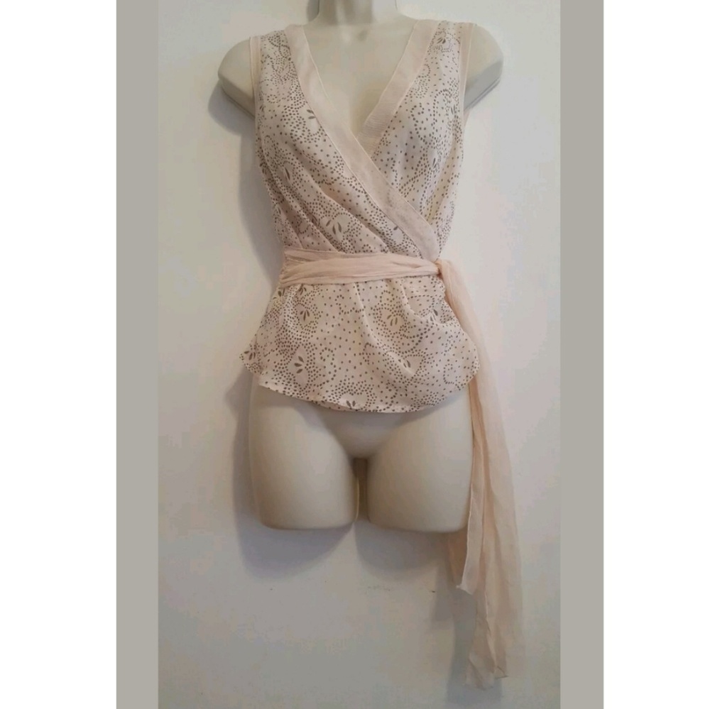 New 100% Silk Semi Sheer Side Tie VNeck Blouse XS